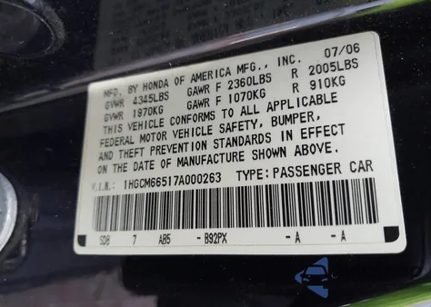 2007 Honda Accord 3.0 Ex from USA, damaged, VIN 1HGCM66517A000263